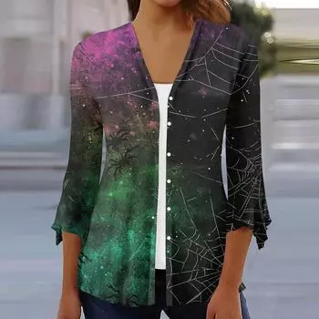 Женский свободный повседневный кардиган-топ с принтом и рукавами семь восьмых на пуговицах L темно-зеленого