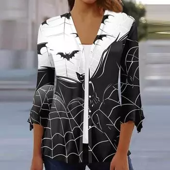 Женский свободный повседневный кардиган-топ с принтом и рукавами семь восьмых на пуговицах L чёрный