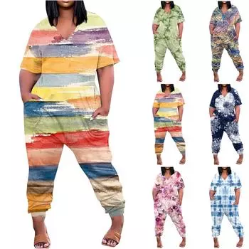 Женский свободный повседневный комбинезон больших размеров с v-образным вырезом и принтом и короткими рукавами L зелёный