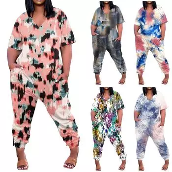 Женский свободный повседневный комбинезон больших размеров с v-образным вырезом и принтом и короткими рукавами L синий