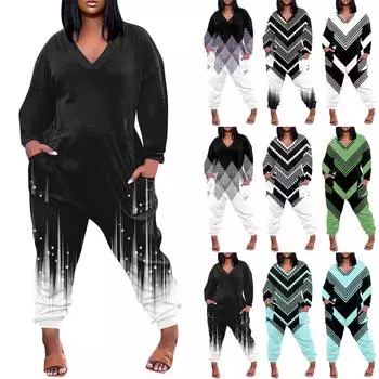 Женский свободный повседневный комбинезон большого размера с v-образным вырезом и длинными рукавами с принтом и карманами L чёрный