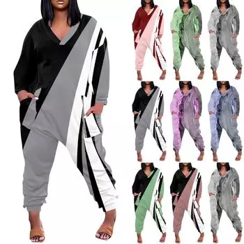 Женский свободный повседневный комбинезон большого размера с v-образным вырезом и длинными рукавами с принтом и карманами L чёрный