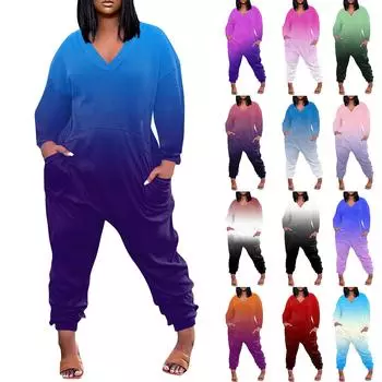 Женский свободный повседневный комбинезон большого размера с v-образным вырезом и длинными рукавами с принтом и карманами XXXXL