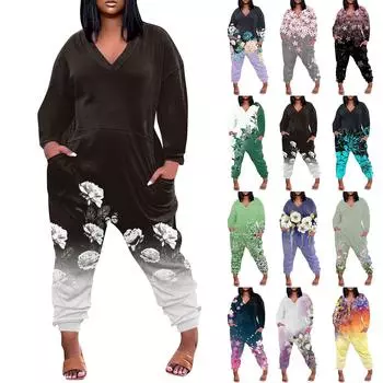 Женский свободный повседневный комбинезон большого размера с v-образным вырезом и длинными рукавами с принтом и карманами L чёрный