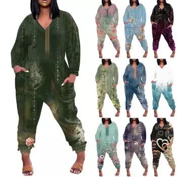 Женский свободный повседневный комбинезон большого размера с v-образным вырезом и длинными рукавами с принтом и карманами L