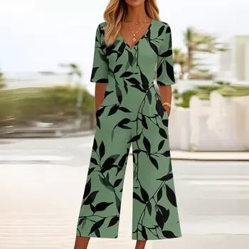 Женский свободный повседневный комбинезон с V-образным вырезом и принтом, облегающий комбинезон с широкими штанинами, комбинезон с широкими штанинами L армия зеленый