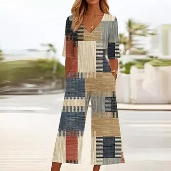 Женский свободный повседневный комбинезон с V-образным вырезом и принтом, облегающий комбинезон с широкими штанинами, комбинезон с широкими штанинами L бежевый