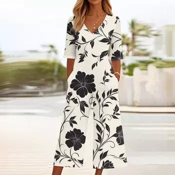 Женский свободный повседневный комбинезон с V-образным вырезом и принтом, облегающий комбинезон с широкими штанинами, комбинезон с широкими штанинами L бежевый