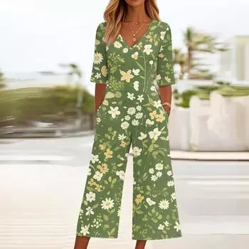 Женский свободный повседневный комбинезон с V-образным вырезом и принтом, облегающий комбинезон с широкими штанинами, комбинезон с широкими штанинами L армия зеленый