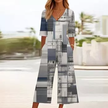 Женский свободный повседневный комбинезон с V-образным вырезом и принтом, облегающий комбинезон с широкими штанинами, комбинезон с широкими штанинами L