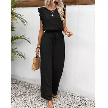 Женский свободный повседневный комплект из однотонных брюк с оборками на рукавах и круглым вырезом L чёрный