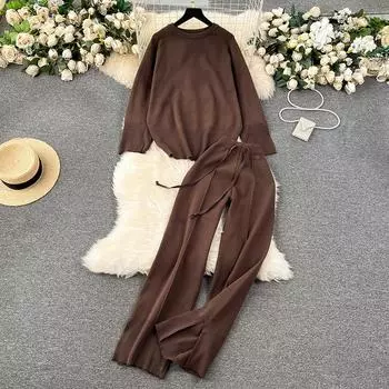 Женский свободный повседневный комплект из тонкого трикотажа весна/лето с круглым вырезом, длинными рукавами, эластичной резинкой, высокой талией, шнуровкой, разрезом, прямыми брюками One Size чёрный