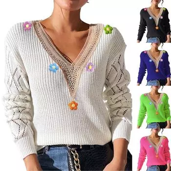 Женский свободный повседневный кружевной V-образный вырез с длинными рукавами вязаный пуловер свитер топ свитер топ L чёрный