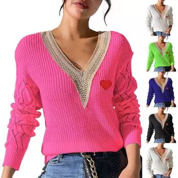 Женский свободный повседневный кружевной V-образный вырез с длинными рукавами вязаный пуловер свитер топ свитер топ L чёрный