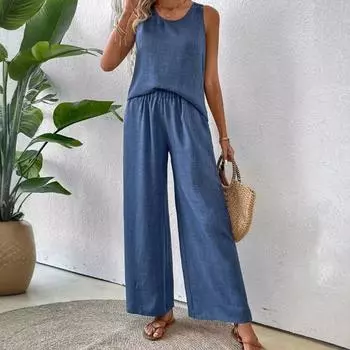 Женский свободный повседневный летний комплект без рукавов с однотонным кружевом и ажурной спинкой S