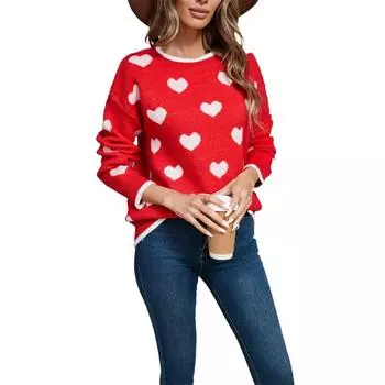 Женский свободный повседневный модный свитер с круглым вырезом и сердечком, вязаный свитер-рубашка L красный