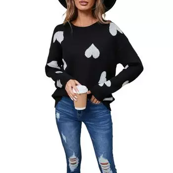 Женский свободный повседневный модный свитер с круглым вырезом и сердечком, вязаный свитер-рубашка L чёрный