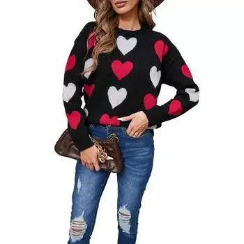 Женский свободный повседневный модный свитер с круглым вырезом и сердечком, вязаный свитер-рубашка L чёрный