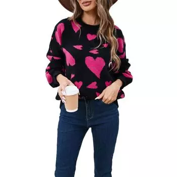 Женский свободный повседневный модный свитер с круглым вырезом и сердечком, вязаный свитер-рубашка L чёрный