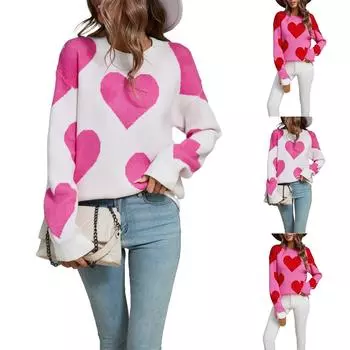 Женский свободный повседневный модный свитер с круглым вырезом и сердечком, вязаный свитер-рубашка L горячий розовый