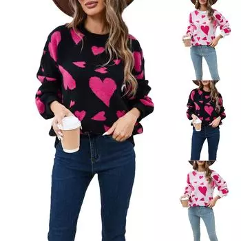 Женский свободный повседневный модный свитер с круглым вырезом и сердечком, вязаный свитер-рубашка M чёрный