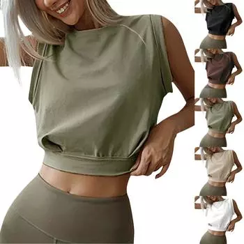 Женский свободный повседневный однотонный короткий топ без рукавов с круглым вырезом Короткий топ без рукавов с круглым вырезом L армия зеленый