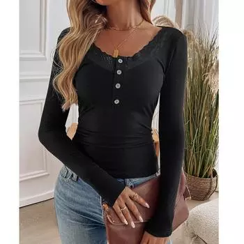 Женский свободный повседневный однотонный кружевной трикотажный топ с длинными рукавами, модный топ с длинными рукавами L чёрный