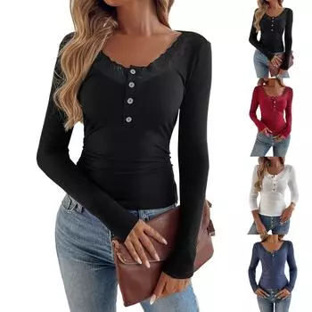 Женский свободный повседневный однотонный кружевной трикотажный топ с длинными рукавами, модный топ с длинными рукавами L чёрный