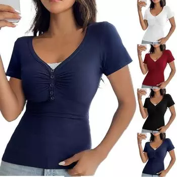 Женский свободный повседневный однотонный облегающий топ с кружевным лоскутным узором и V-образным вырезом с короткими рукавами L чёрный