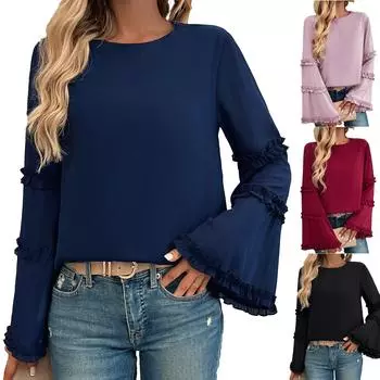 Женский свободный повседневный однотонный топ с круглым вырезом и длинными рукавами L чёрный