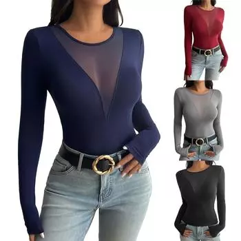 Женский свободный повседневный однотонный топ с V-образным вырезом и длинными рукавами L чёрный