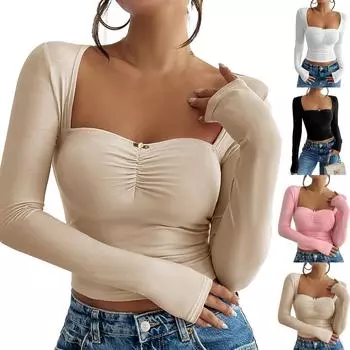 Женский свободный повседневный однотонный трикотажный топ с длинными рукавами и складками L чёрный