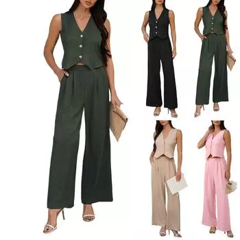 Женский свободный повседневный однотонный жилет с V-образным вырезом и широкими брюками, комплект из жилета и широких брюк L