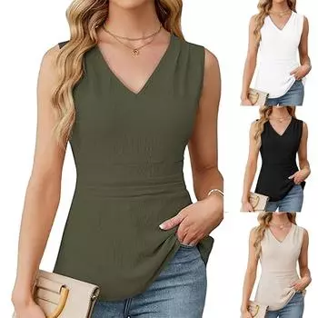 Женский свободный повседневный однотонный жилет с V-образным вырезом и складками на талии без рукавов без рукавов L армия зеленый