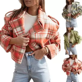 Женский свободный повседневный пиджак с длинными рукавами и клетчатым принтом, модная куртка M шафрановый