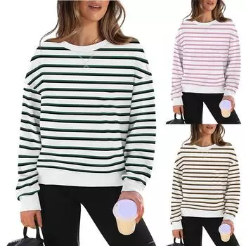 Женский свободный повседневный полосатый свитер с длинными рукавами и круглым вырезом S розовый