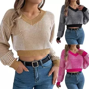Женский свободный повседневный полосатый свитер с V-образным вырезом и длинными рукавами, топ-пуловер L чёрный