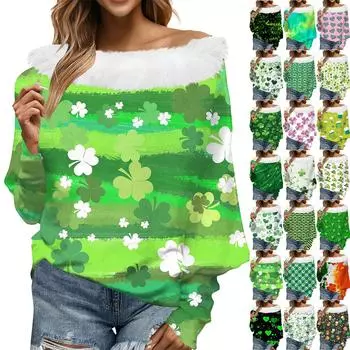 Женский свободный повседневный St. Плюшевый топ без бретелек с принтом Патрика и одним вырезом L армия зеленый