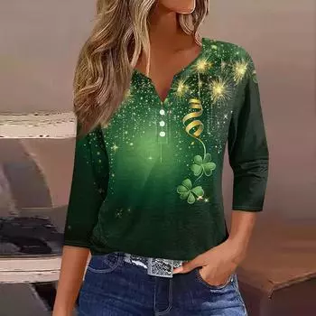 Женский свободный повседневный St. Топ с принтом Патрика и рукавами семь четвертей, V-образным вырезом L армия зеленый