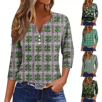 Женский свободный повседневный St. Топ с принтом Патрика и рукавами семь четвертей, V-образным вырезом L армия зеленый