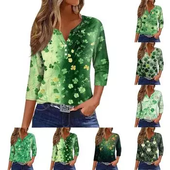 Женский свободный повседневный St. Топ с принтом Патрика и рукавами семь четвертей, V-образным вырезом L армия зеленый