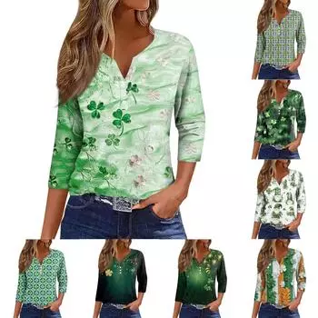 Женский свободный повседневный St. Топ с принтом Патрика и рукавами семь четвертей, V-образным вырезом L армия зеленый