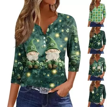 Женский свободный повседневный St. Топ с принтом Патрика и рукавами семь четвертей, V-образным вырезом XXL