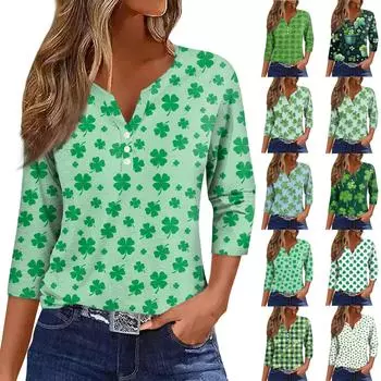 Женский свободный повседневный St. Топ с принтом Патрика и рукавами семь четвертей, V-образным вырезом S зелёный