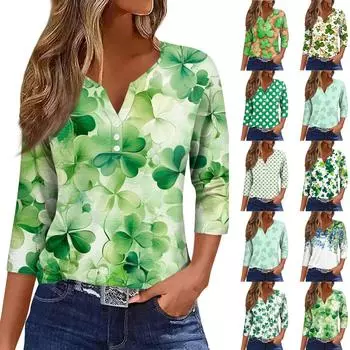 Женский свободный повседневный St. Топ с принтом Патрика и рукавами семь четвертей, V-образным вырезом XXL зелёный
