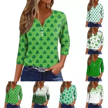 Женский свободный повседневный St. Топ с принтом Патрика и рукавами семь четвертей, V-образным вырезом XXXL
