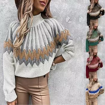 Женский свободный повседневный свитер с длинными рукавами и геометрическим узором L бордовый