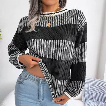 Женский свободный повседневный свитер с круглым вырезом и длинными рукавами в полоску с длинными рукавами L чёрный
