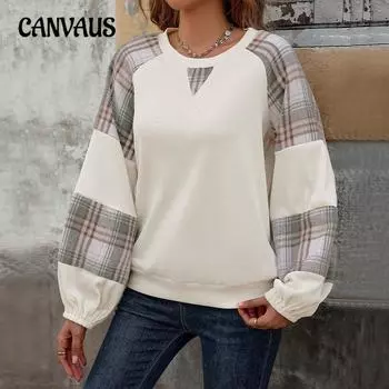 Женский свободный повседневный топ больших размеров в клетку с цветными блоками, с круглым вырезом, с длинным рукавом, пуловер S абрикосовый