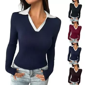 Женский свободный повседневный топ с цветными блоками и длинными рукавами, облегающий топ с V-образным вырезом L чёрный